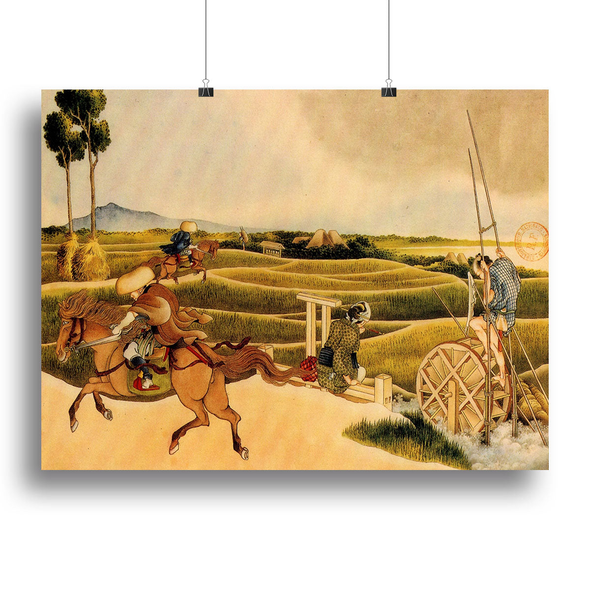 Canvas print of Hokusai's Samurai riding on horses, showcasing vibrant colors and intricate details.